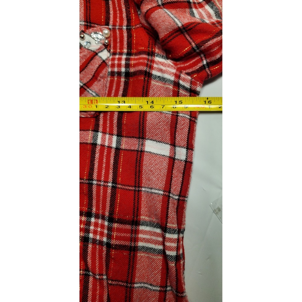 Justice Red Plaid Sparkle Flannel Shirt Kids Size 14 Embellished Pocket - Picture 3 of 8